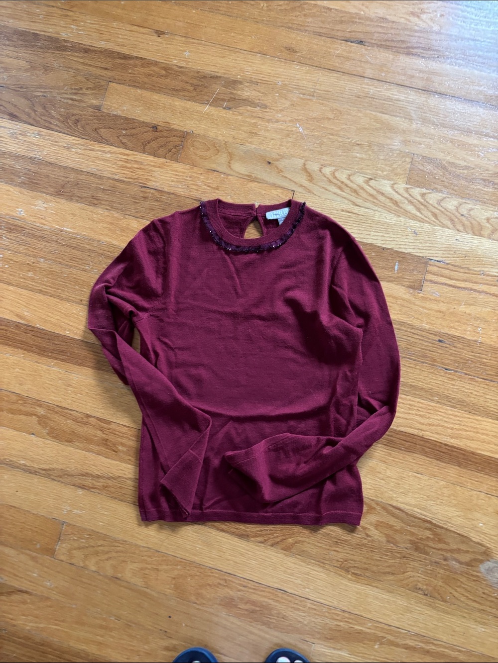 J. Crew Burgundy Crewneck Sweater with Beaded Neckline